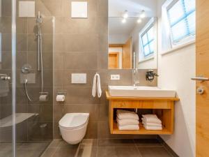 a bathroom with a toilet and a sink and a shower at Felsener Wald in Wald im Pinzgau +28 photos
