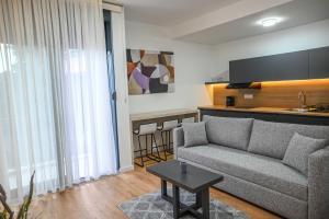 a living room with a couch and a kitchen at Hana boutique apartments in Ulcinj