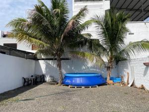 two palm trees in front of a building with blue barrels at Hotel Casa Latina in Manta