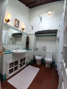 a bathroom with a sink and a toilet at Casa dos Santos Historic Azorean Estate in Horta +37 photos