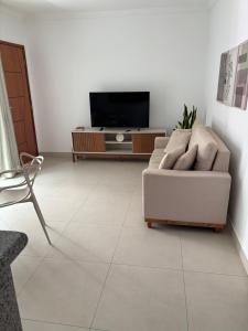 a living room with a couch and a tv at Apartamento no Centro in Muriaé