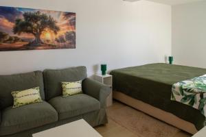 a living room with a bed and a couch at Casa da Quinta da Azeitona 2 - Piscina privada e BBQ na Serra da Gardunha in Fundão