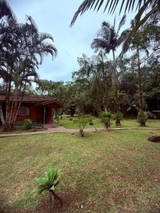a yard in front of a house with palm trees at Recanto do Zeca Morretes in Morretes