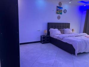 a bedroom with a large bed in a purple room at Adja Adama sow in Dakar