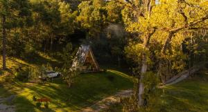 an aerial view of a house in the middle of a forest at Cabana com banheira in Gramado