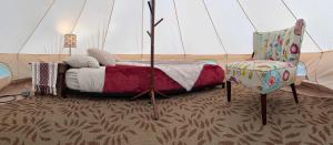 a bed and a chair in a tent at Willowbank Bell Tent in Golden