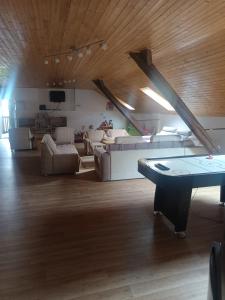 a living room with couches and a ping pong table at Čarodějnický Dvůr in Biskoupky