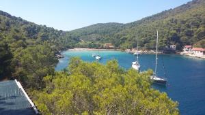 two boats are docked in a river with mountains at Apartment Nono Ivo in Vis