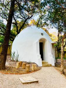 a small white dome house in a forest at La cabaña del jaguar in Tepoztlán
