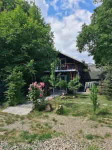 a house in a yard with trees and flowers at Хатка у долині in Kosiv