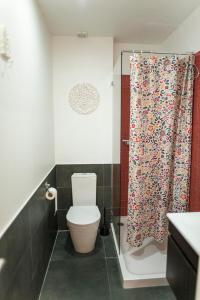 a bathroom with a toilet and a shower curtain at Apartamento Mártires da Pátria in Lisbon