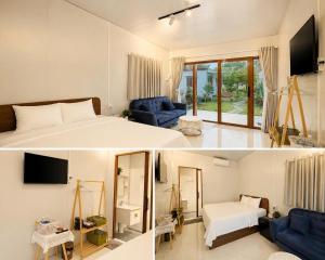 two pictures of a bedroom with a bed and a living room at Bụi Tre Homestay in Ben Tre