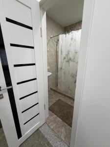 a bathroom with a shower and a white door at Квартира студия in Bosteri