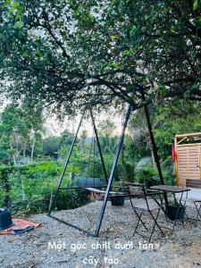 a swing set under a tree with a table at Táo House in Vĩnh Hy