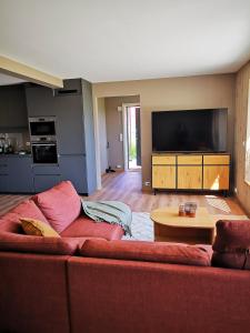 a living room with a red couch and a tv at Lofoten Seaview Apartment B in Sennesvik