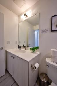 a bathroom with a sink and a mirror at Cozy Condo in Downtown KW in Kitchener +30 photos