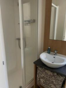 a bathroom with a sink and a shower at Seashells - Exclusive Private Area to Side in Coldingham +7 photos