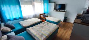 a blue room with two beds and a tv at FeWo-Misterek nähe Großer Garten in Dresden