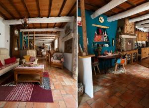 two pictures of a living room and a kitchen at Le mas des Anglades in Saint-André-de-Valborgne