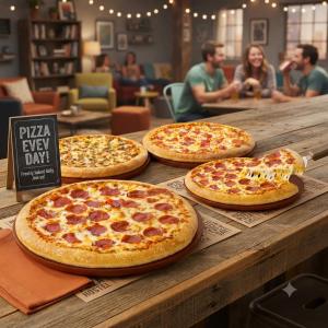 four pizzas sitting on top of a wooden table at Nomad Villa Tirana in Tirana