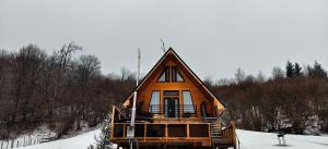 a house that is sitting in the snow at Cabana A frame Nămăiești in Nămăeşti