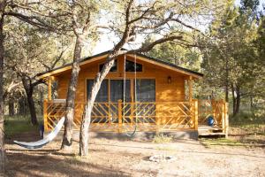 a log cabin with a hammock in front of it at Pinitos Old Ranch & Cabañas in El Cristal