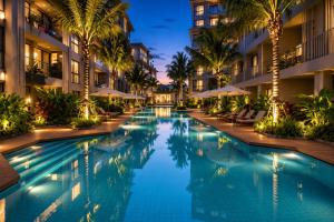 a pool at a hotel with palm trees and umbrellas at Pool View 1 BR Apt for 3 - Diamond Condo 5209 in Bang Tao Beach