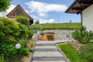 a garden with a stone walkway and a building at Ziaciówka Noclegi Premium w Górach in Rzepiska