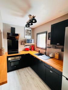 a kitchen with black cabinets and a counter with a sink at AimerAude in Saint-Pierre