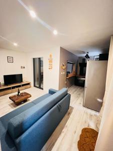 a living room with a blue couch and a television at AimerAude in Saint-Pierre