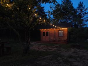 a small cabin with lights on it at night at Puhkemökk in Sõmera +7 photos