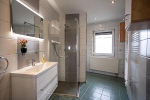 a bathroom with a sink and a shower at Ferienhaus Pöhlablick in Pöhla +27 photos