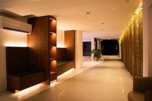 a corridor of a hotel with a hallway at Aeon Blue in Selianitika