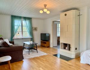 a living room with a couch and a fireplace at Boende i Sandarne in Sandarne