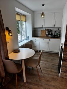 a kitchen with a table and chairs in a room at Amstel LUX in Narva
