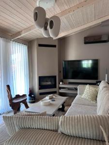 a living room with two couches and a flat screen tv at Luxury casa in Nea Makri