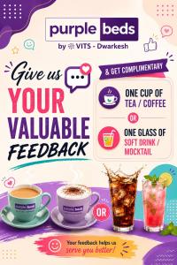 a flyer for a cup of coffee and two drinks at Purple Beds by VITS Dwarkesh, Surat in Salabatpura