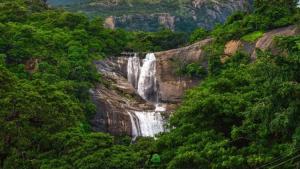 a waterfall on the side of a mountain with trees at Thendral Falls View Homestay in Kuttālam