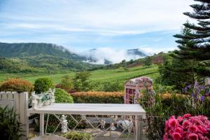a white bench in a garden with mountains in the background at Prim's Cottage Khaokho พริม คอทเทจ เขาค้อ วัดผาซ่อนแก้ว in Khao Kho +39 photos