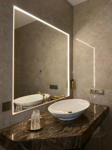 a bathroom with a sink and a large mirror at Zámoček Mraznica in Prievidza