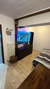 a room with a large flat screen tv and a bed at Parenzana Apartment in Portorož +2 photos
