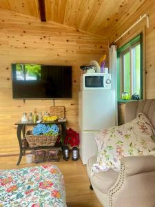 a living room with a couch and a tv in a cabin at Foresta Karuizawa 7 Glamping & camping for 8 people in Naganohara