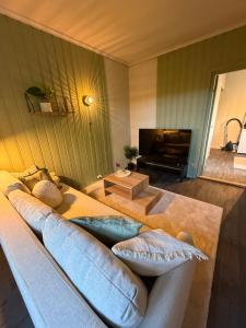 a living room with a couch with pillows on it at Central Studio apartment in Notodden