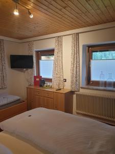 a bedroom with a bed and a tv and a window at Pension Embacher GmbH & Co KG in Viehhofen