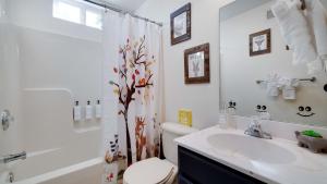 a bathroom with a shower curtain with a toilet and a sink at Peak Pine by AvantStay in Albrightsville +31 photos
