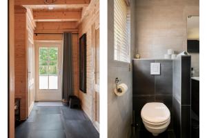 two images of a bathroom with a toilet and a window at Luxe, rust en ruimte bij de Veluwse Vogels in Epe in Epe +43 photos
