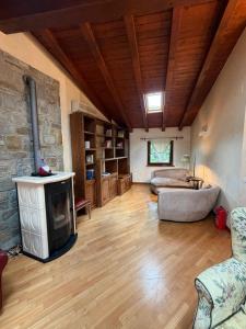 ein Wohnzimmer mit Kamin und Steinwand in der Unterkunft Sottocastello 2 in Gorizia
