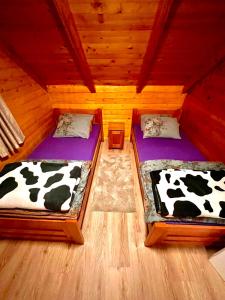 two twin beds in a room with wooden walls at Vikendica Veruša in Veruša