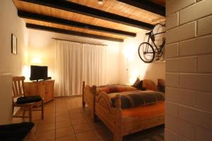 a bedroom with a bed and a bicycle on the wall at Die Radler-Scheune in Burg