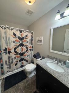 a bathroom with a toilet and a sink and a shower curtain at Peace in the Holler in Eureka Springs +42 photos